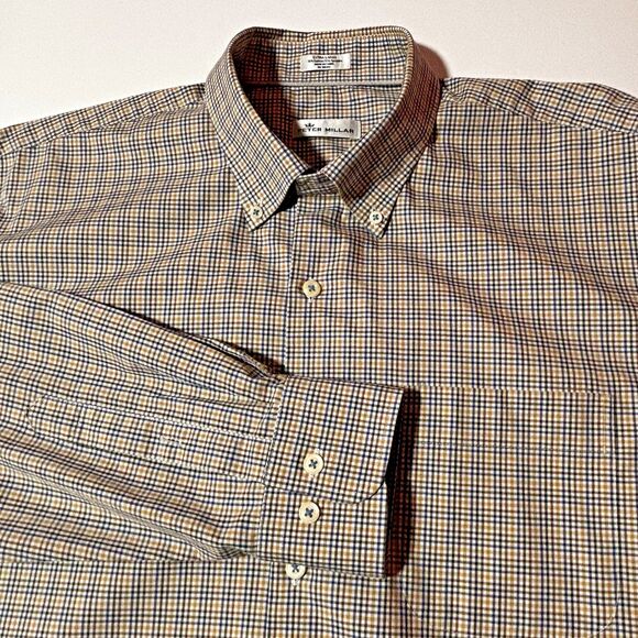 Peter Millar Blue Brown Tan Check Button Down Dress Shirt Men's Size XL - Picture 1 of 10